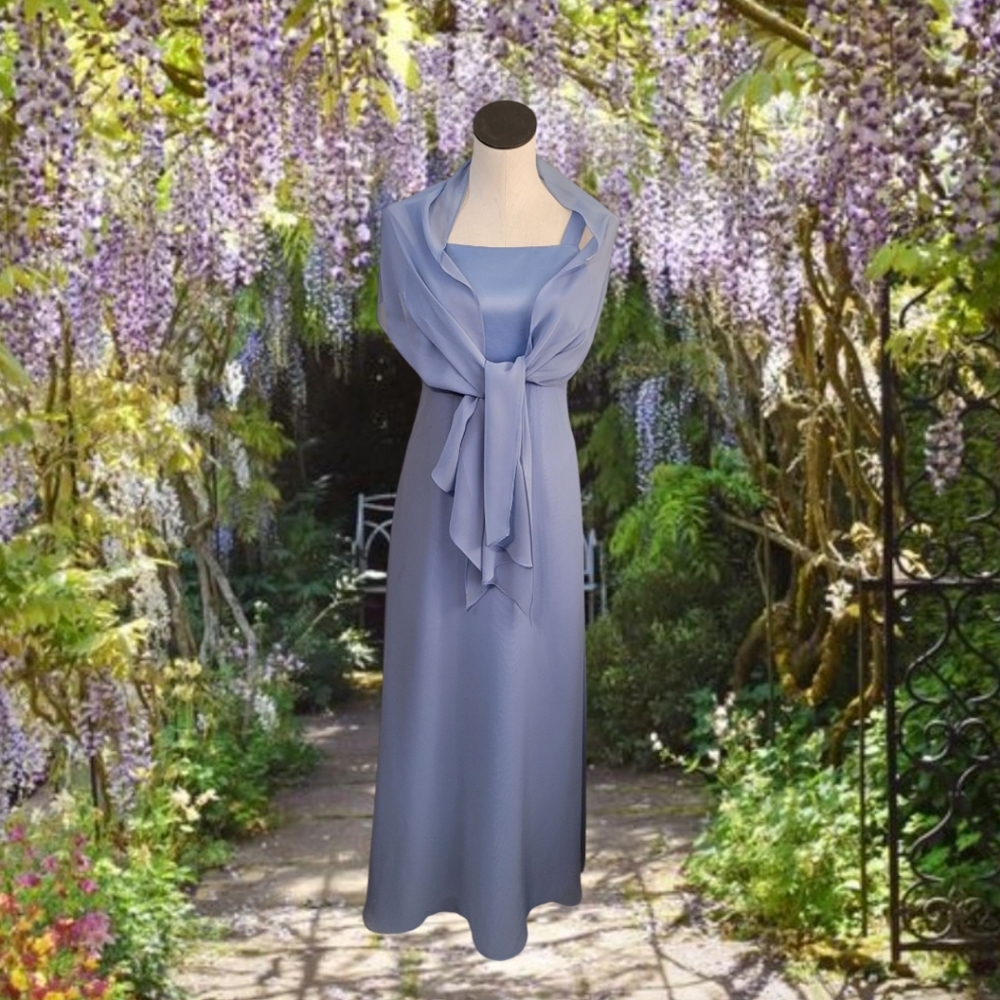 Y2K Periwinkle Evening Dress and Sheer Scarf